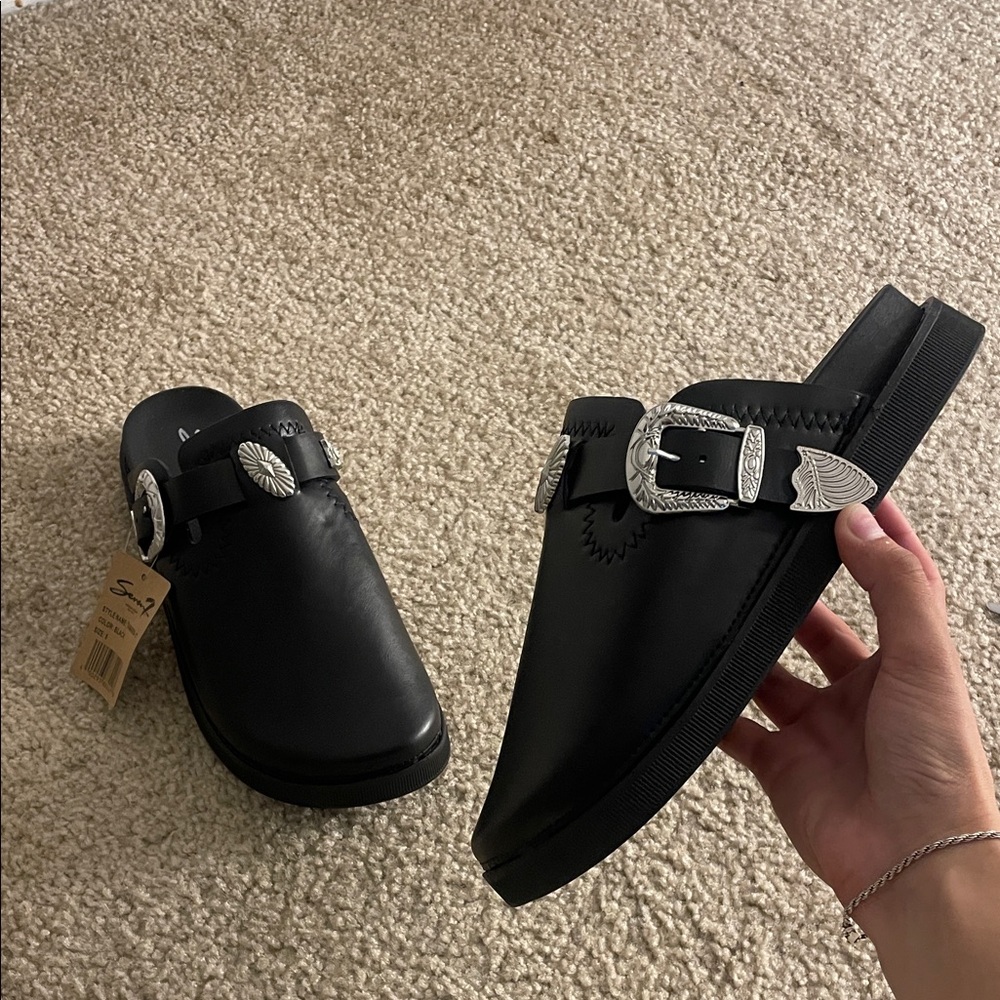 Seven for All Mankind Black Mules with Silver Buckles
